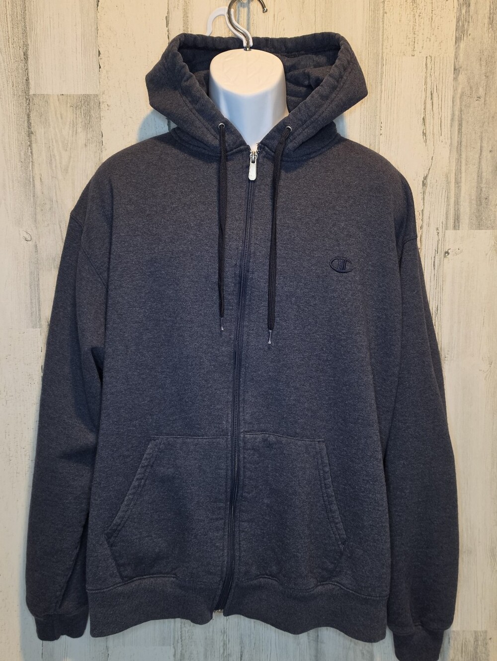Champion Eco Authentic Hoodie Mens 2XL Dark Blue Navy Full Zip Embroidered Logo